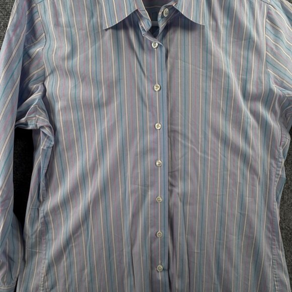 Faconnable Long Sleeve Button Up Shirt Women Size 14 Blue Pink Striped Cotton - Picture 14 of 16